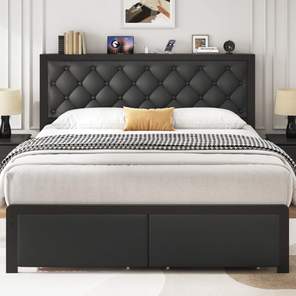 Queen Bed Frame with Upholstered Headboard and 2 Storage Drawers L5156