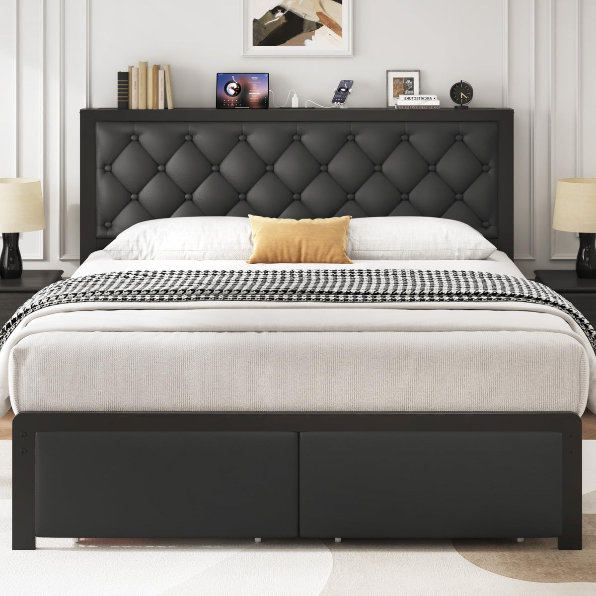 Queen Bed Frame with Upholstered Headboard and 2 Storage Drawers L5156