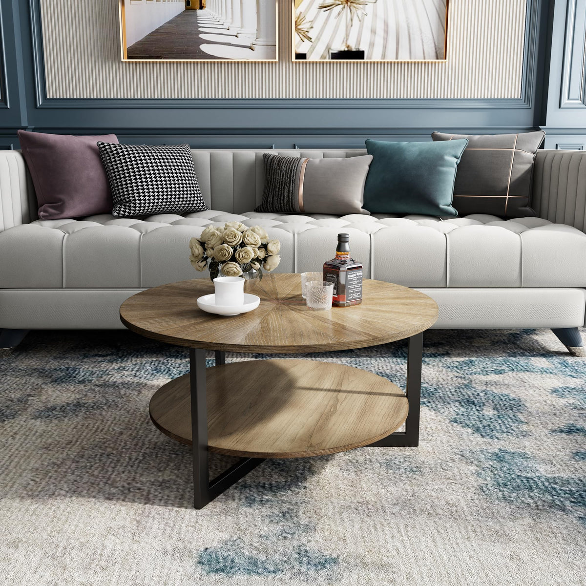 33.5" Round 2-Tier Wood Coffee Table with Storage N973806