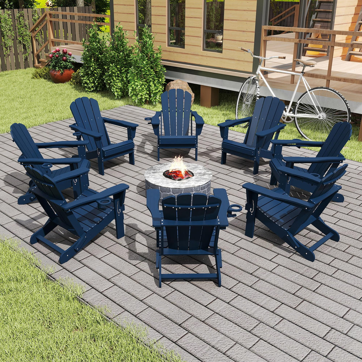 Folding Adirondack Chair Set of 8 HDPE All-Weather with Cup Holder Blue H63502