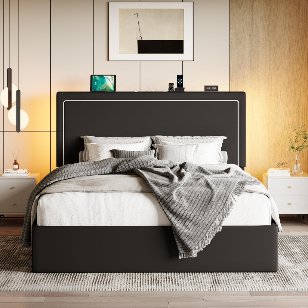 Full Size Lift Up Storage Bed Frame with LED Lights, Black Q308