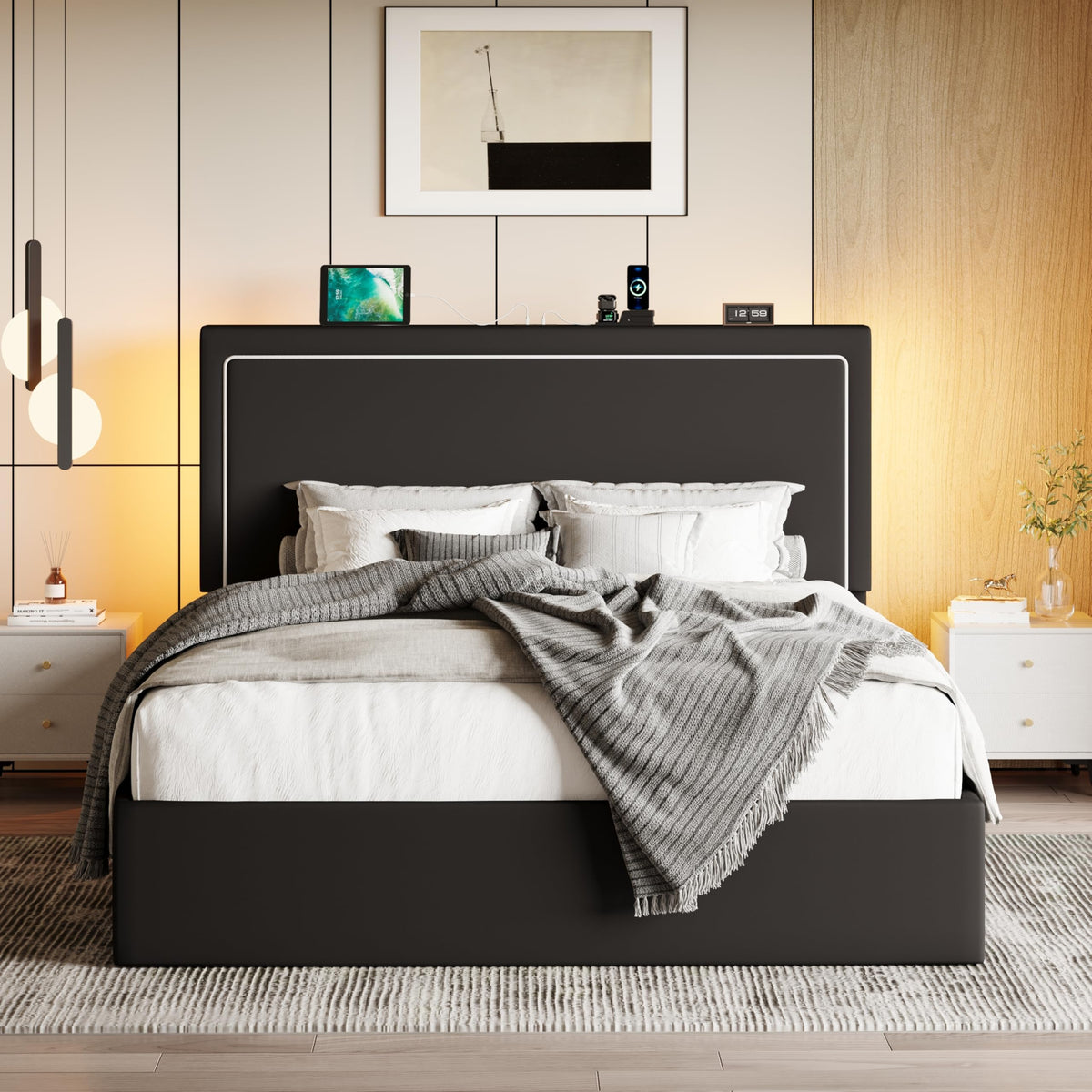 Full Size Lift Up Storage Bed Frame with LED Lights, Black Q308