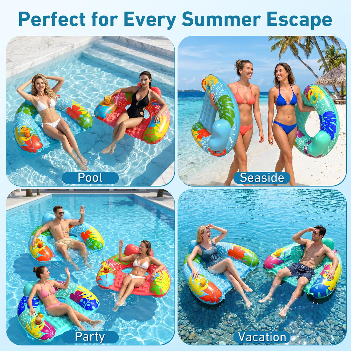 3 Pack Inflatable Pool Float Chairs with Cup Holder N391