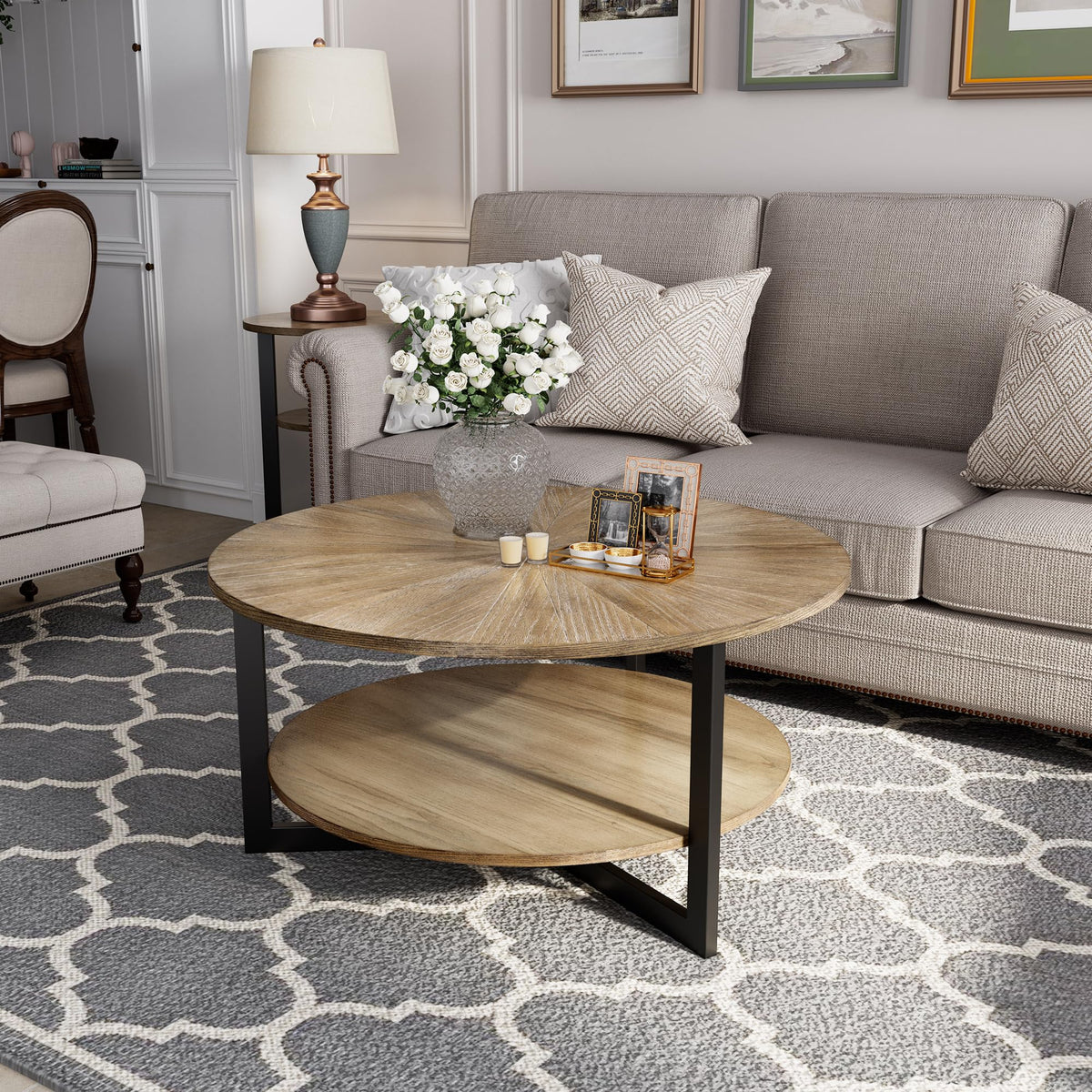 33.5" Round 2-Tier Wood Coffee Table with Storage N973806