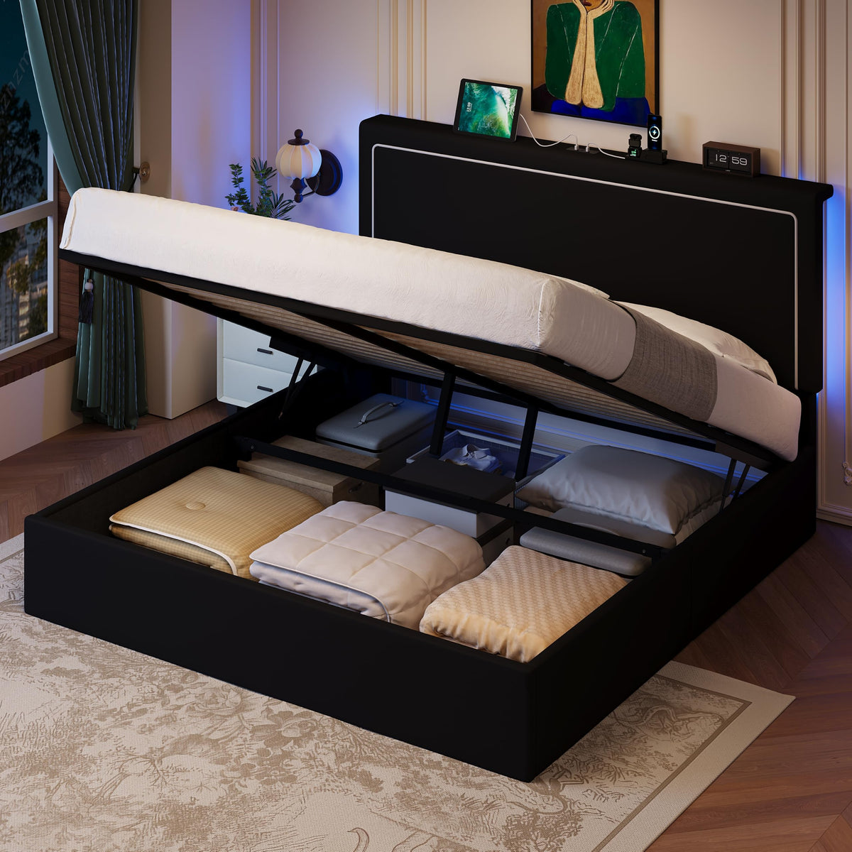 Full Size Lift Up Storage Bed Frame with LED Lights, Black Q308