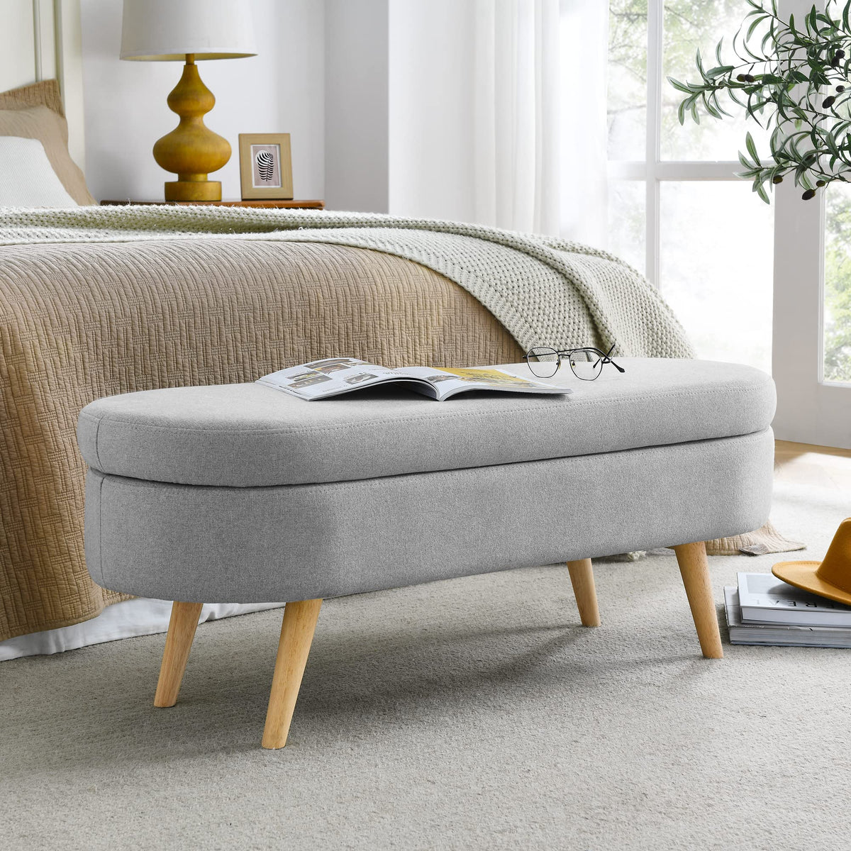 Oval Storage Bench with Rubber Wood Legs A73486