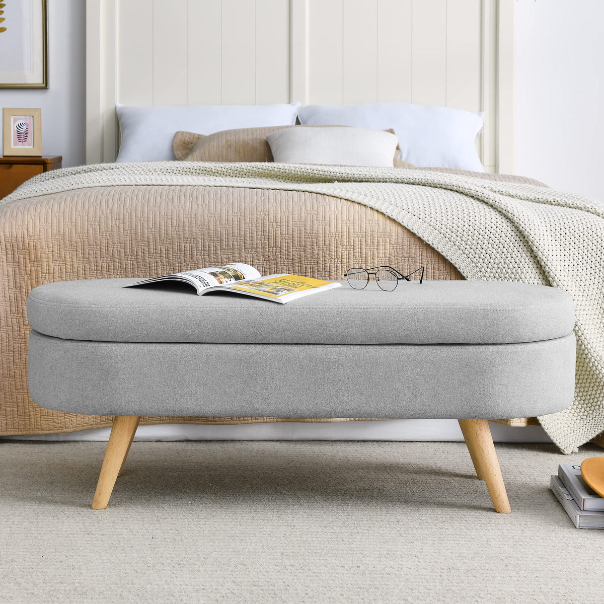 Oval Storage Bench with Rubber Wood Legs A73486