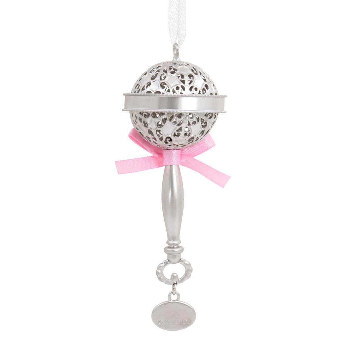 Silver Rattle with Pink Ribbon Christmas Ornament G8036