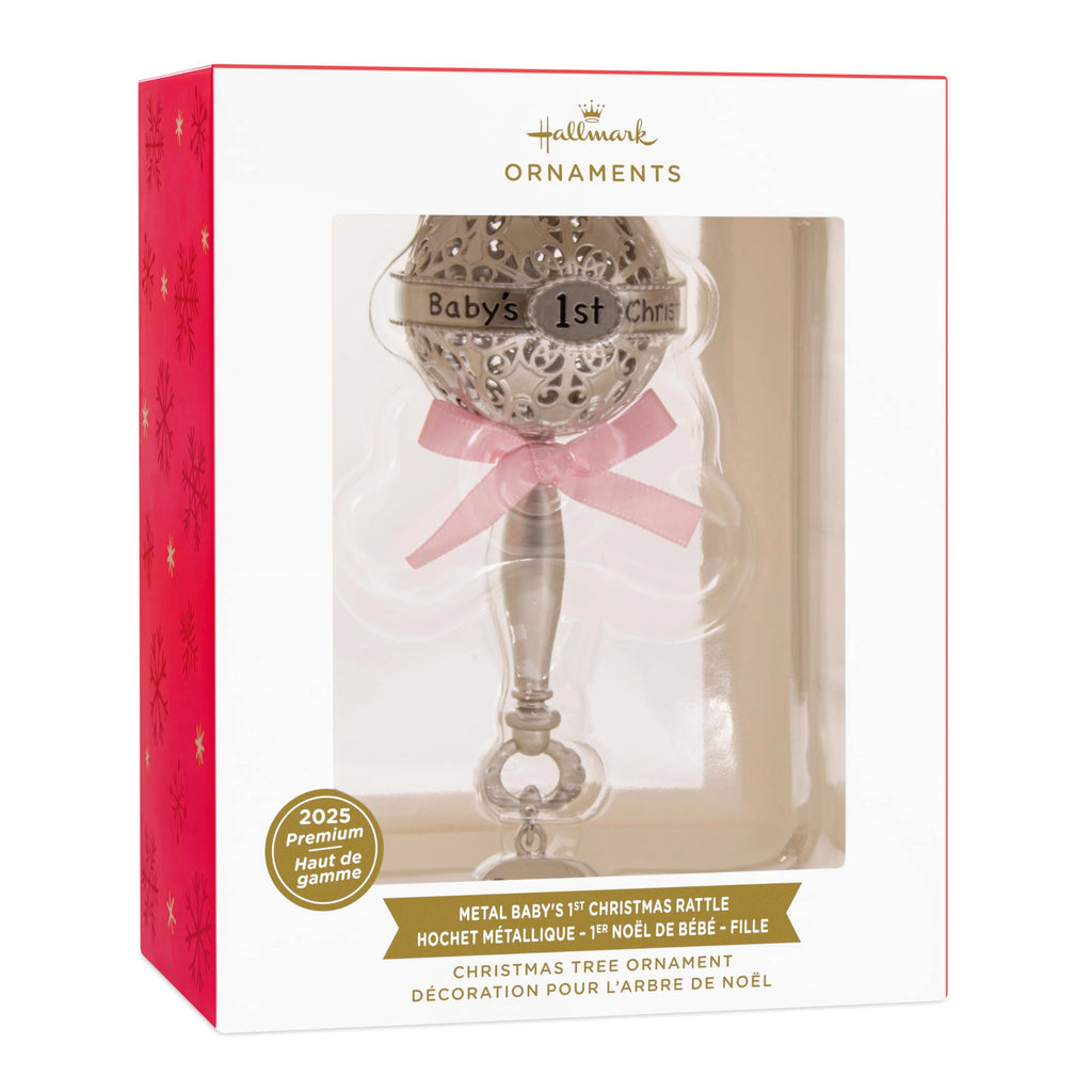 Silver Rattle with Pink Ribbon Christmas Ornament G8036