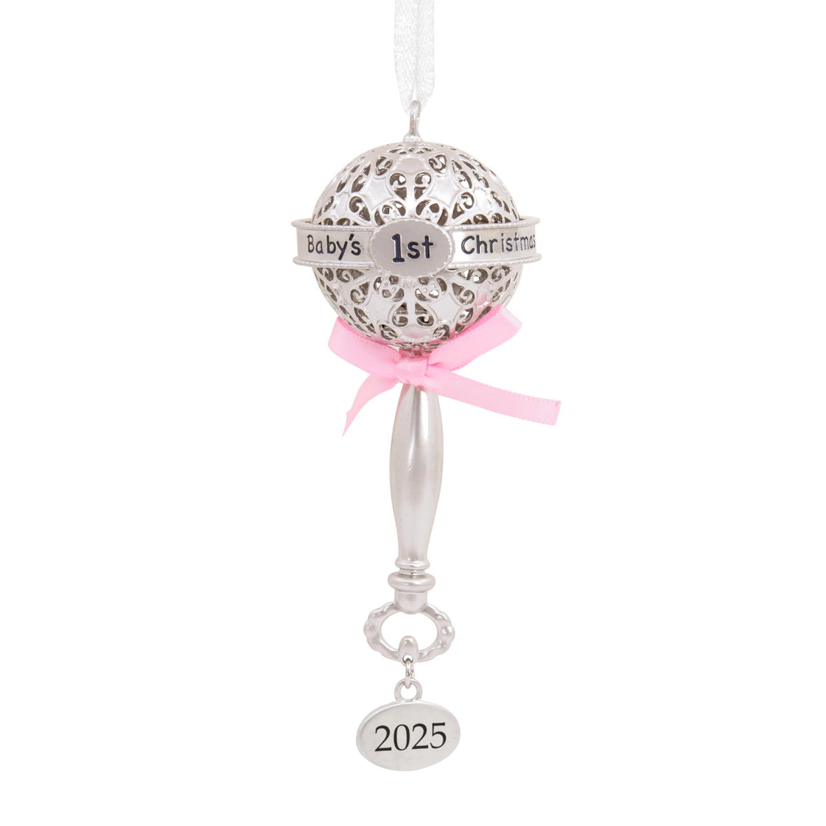 Silver Rattle with Pink Ribbon Christmas Ornament G8036